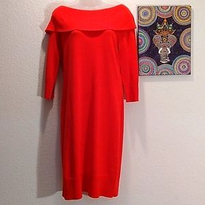 LEMMIE FOR NINA LEONARD CHERRY RED OFF SHOULDER SWEATER DRESS